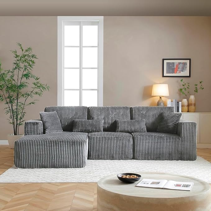 Vanress 110" Cloud Couch Sectional, Corduroy Boneless Couch with L-Shape Chaise,Modern Modular Sectional Sofa Comfy Deep Seat for Living Room, Bedroom, No Assembly (Dark Grey, Left Facing Chaise)