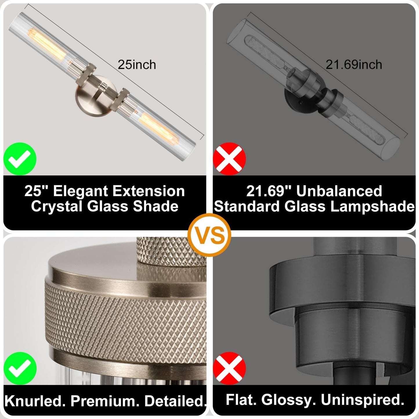 LaLuLa 2-Light Brushed Nickel Vanity Wall Lights Set of 2 –Hardwired Bathroom Light Fixtures with Rippled Glass Shades and Textured Metal Body, Chrome Accent Sconces for Over Mirror or Hallway
