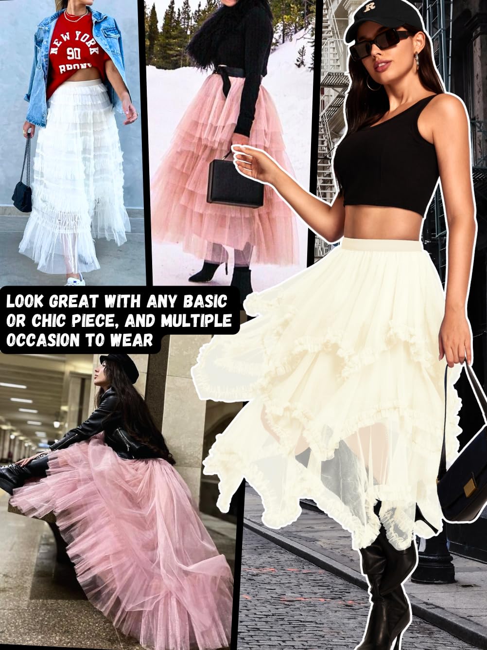 Kaei&Shi Long Tulle Skirt,High Waisted Asymmetrical Ruffle Skirts for Women,Renaissance Fairy Costume Concert Birthday Party Beige One Size