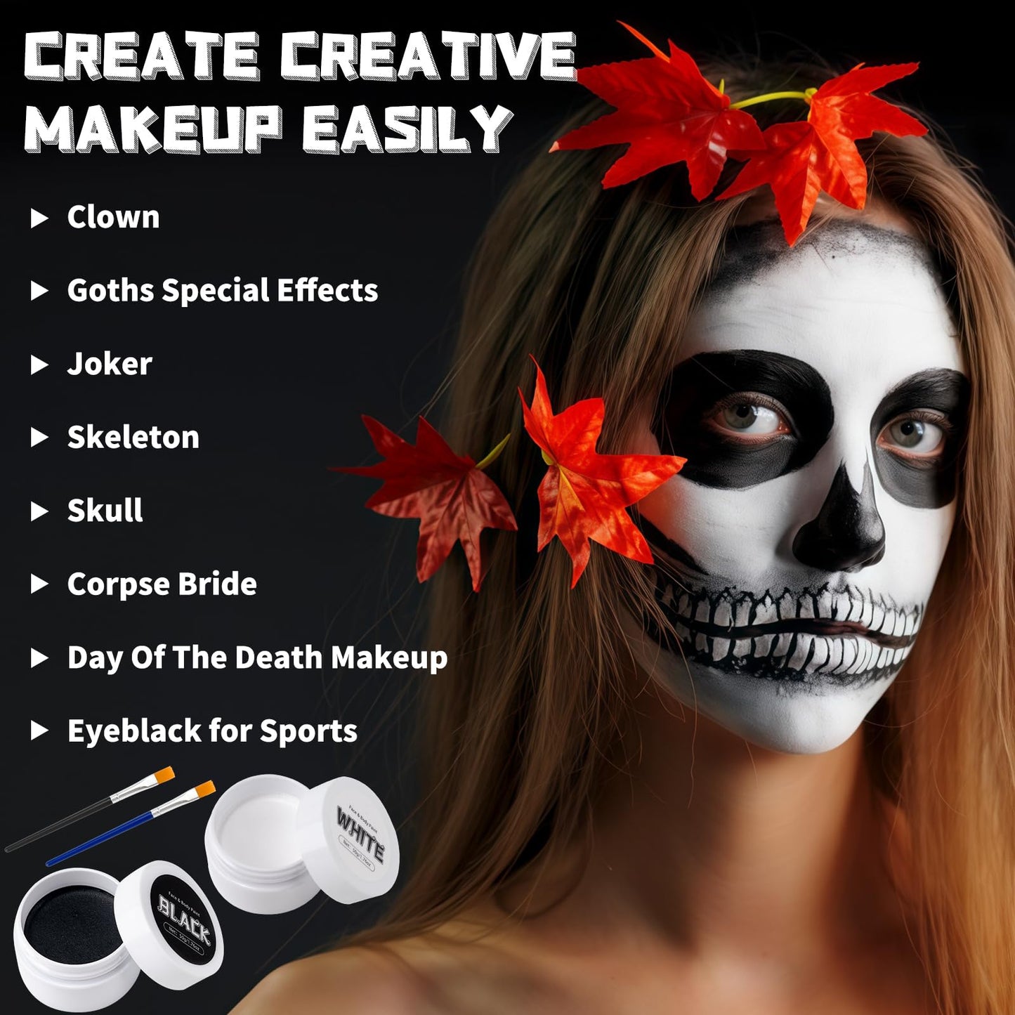 TonJin Black + White Face Body Paint Set 3.5oz/100g, Non-Toxic Professional Facepaint Makeup Kit with 2 Brushes for Kids & Adult