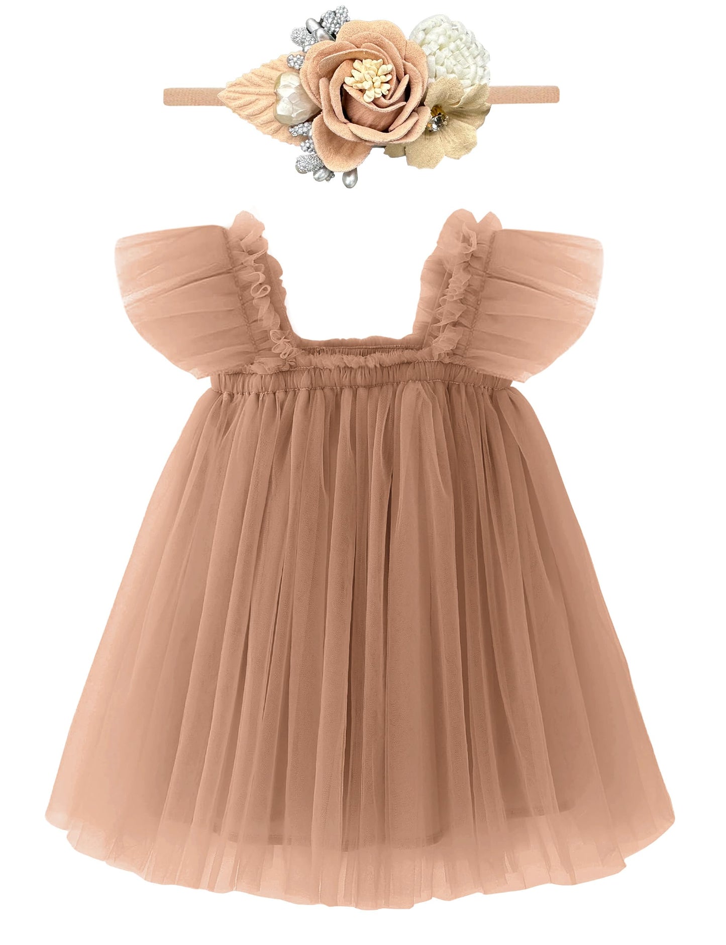 Baby Girl First Birthday Outfit Cake Smash Short Sleeve Tulle Dresses 1st Birthday Dress with Flower Headband, Brown, 12 Months=Tag 90