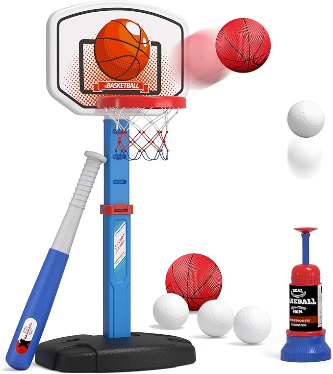 HYES 2 in 1 Kids Basketball Hoop and T Ball Set - Adjustable Height, Kids Baseball Tee with Automatic Pitching Machine, In...