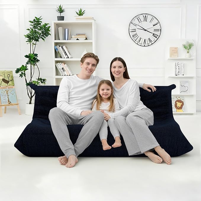 HABUTWAY Bean Bag Chairs Fireside Lazy Floor Sofa, Soft Teddy Fleece 3 Seater Sofa with High-Resilience Foam Filling，Beanbag for Living Room, Bedroom, Office (Navy Blue Teddy)