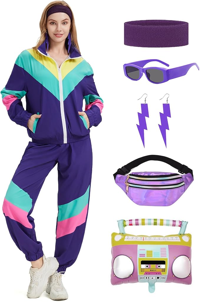 Coseaon 80s Tracksuit for Women Retro Windbreaker Outfit 90s Color Block Sportswear Set with Jacket Sweatpants