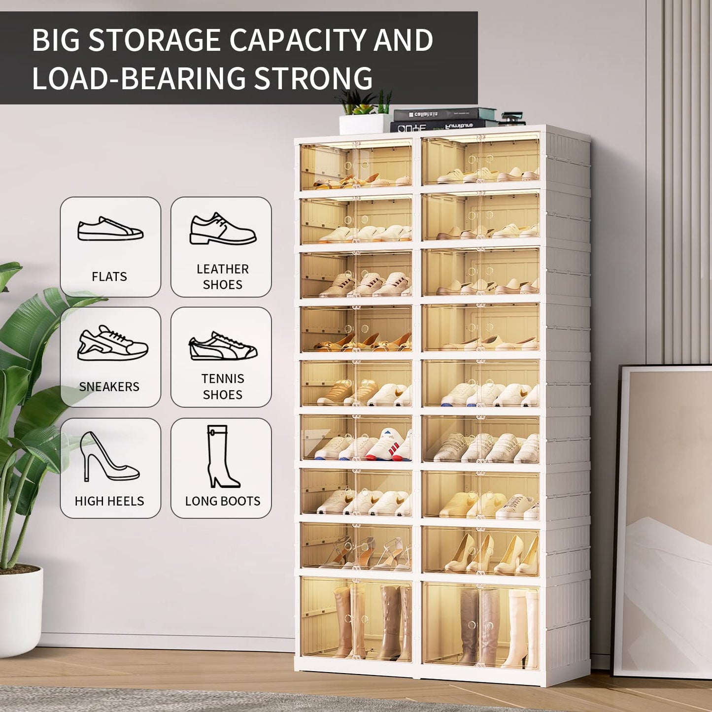 CIMLORD 9-Tier Foldable Shoe Rack Organizer for Closet,36Pairs Collapsible Plastic Shoe Shelf,Large Shoes Cabinet with Door,Clear Stackable Storage Box Easy Assembly
