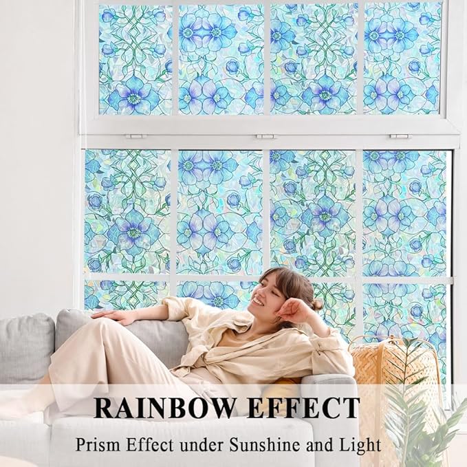 Etched Window Privacy Film Blue Purple Floral Sliding Glass Door Tint No Glue Static Cling Decals 3D Rainbow Decorative Covers Iridescent Anti UV Removal DIY Home Office,35X78.7in.
