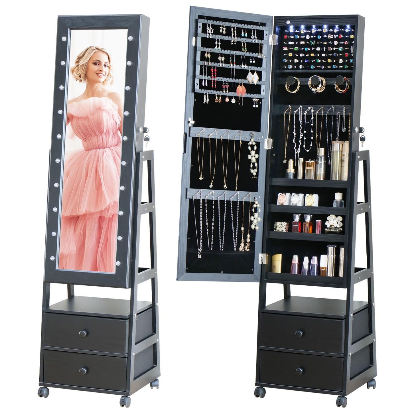MASMIRE Jewelry Armoire Cabinet Organizer Standing with 20 LED Lights Lockable Full Length Mirror with Storage Shelves and 2 Drawers (Black) Adjustable Tilt Angles Gift for Her
