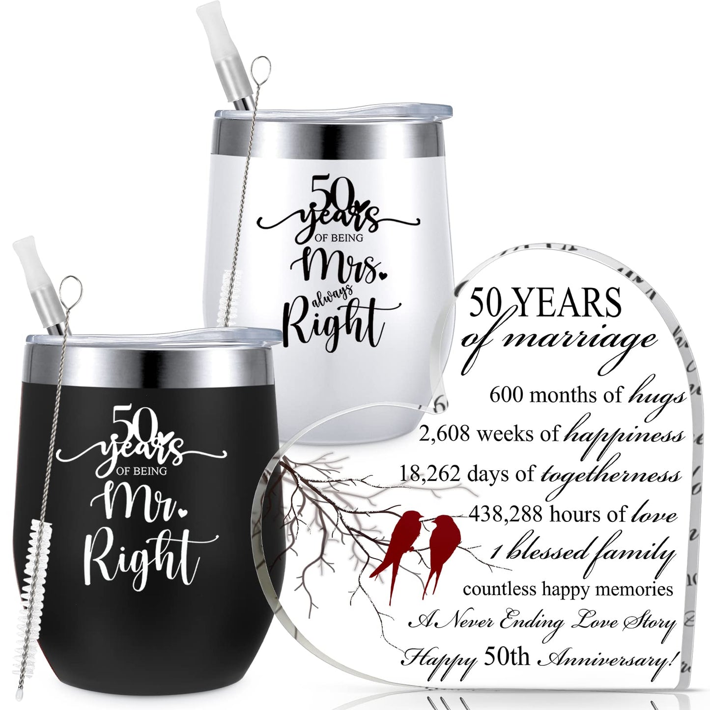 3 Pcs 50th Anniversary Wedding Gifts for Couple Parents Husband Wife Golden Wedding 50th Years of Marriage Heart Keepsake 2 Pcs Insulated Mr and Mrs Wine Glasses Grandparents Gifts from Grandkids