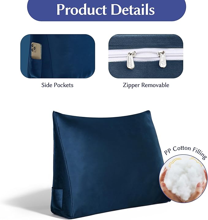 WOWMAX Back Pillow for Bed Sitting up-Bed Wedge Pillow Back Support Pillows for Bed & Sofa Couch, Velvet(100% Cotton), Deep Blue