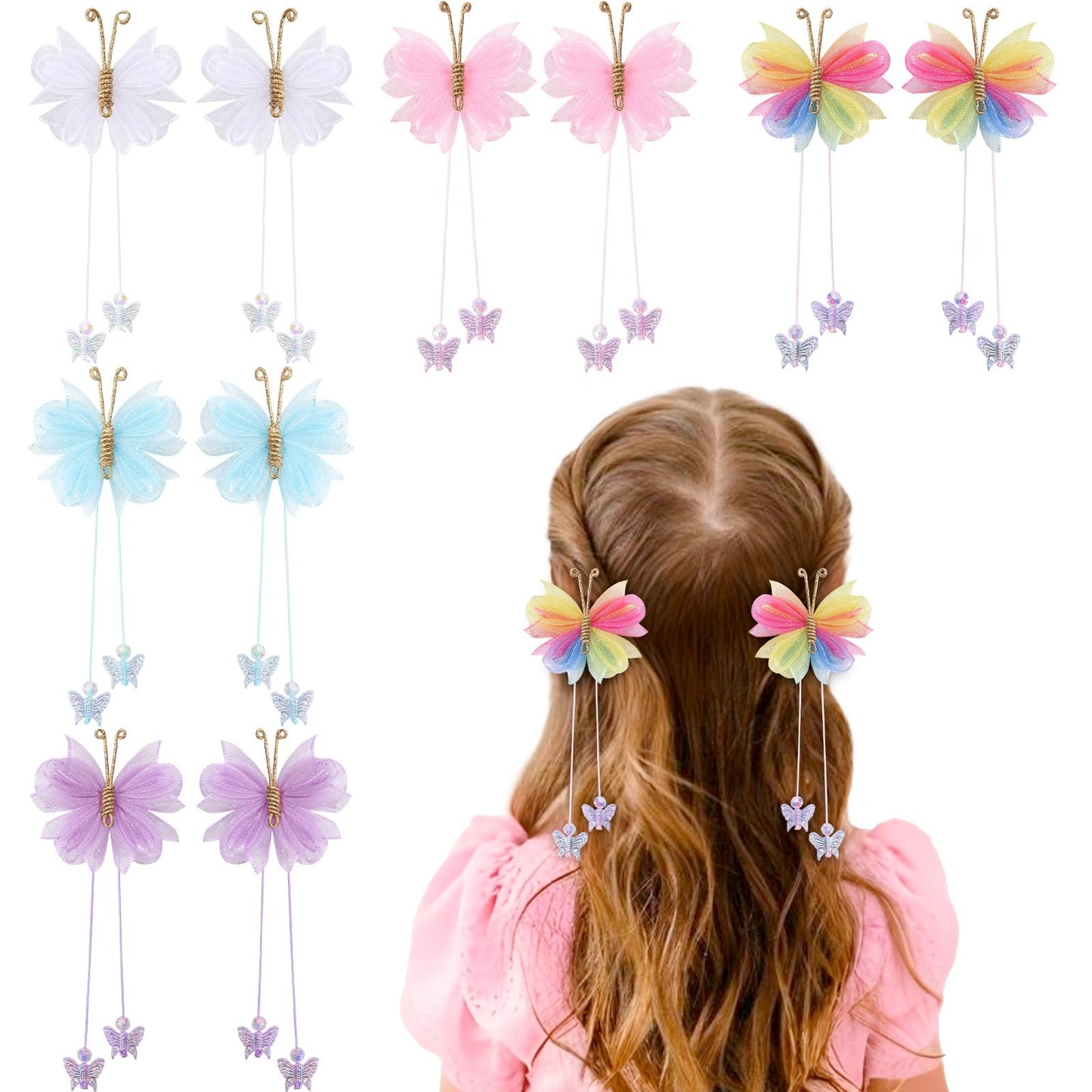 Oaoleer 10PCS Mini Butterfly Hair Bows 2  Tulle Mesh Colorful Butterfly Hair Bows with Tail Hair Accessories for Baby Girls