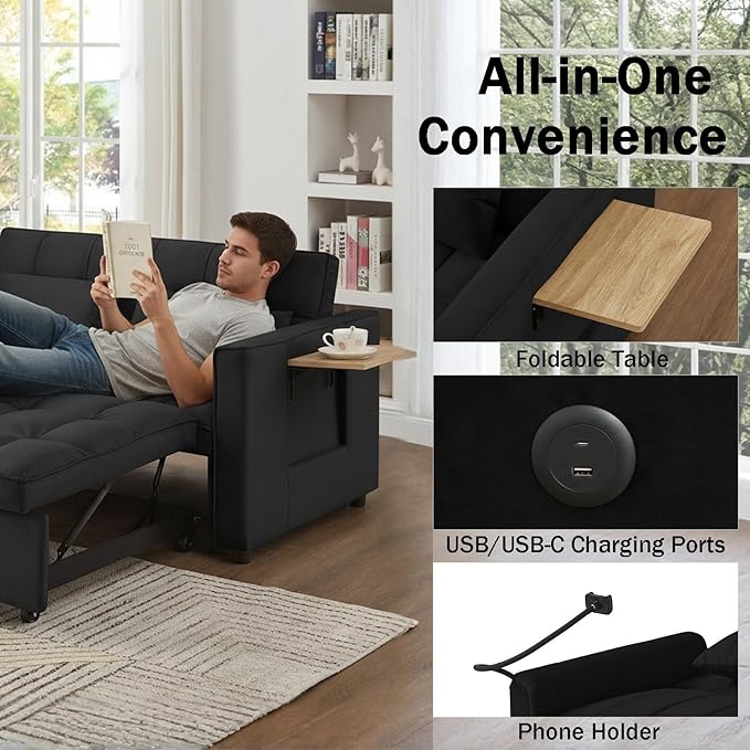 OjvZxqtbrnl Convertible Sofa Bed, Pull Out Couch with 3-Position Reclining Backrest, Modern Velvet Upholstery Futon Sofa Bed, Loveseat Couch for Living Room, Apartments & Guest Rooms (Black-L)