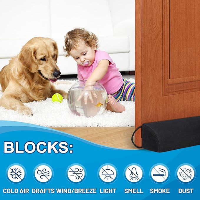 Weighted Door Draft Stopper 36 Inch Triangle Door Snake Blocker Cold Air Noise Light Under Door Sweep Weather Stripping Door Seal More Fits 0 to 3" Large Door Gaps,Quick Install Black