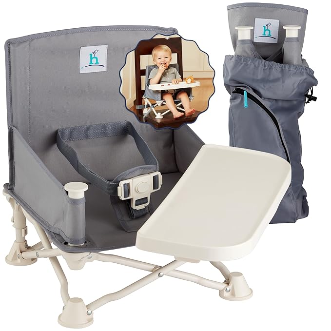 Hiccapop OmniBoost Travel Booster Seat with Tray for Baby, Dining Table, Camping, Beach, Grandma’s | Folding Portable Tip-...