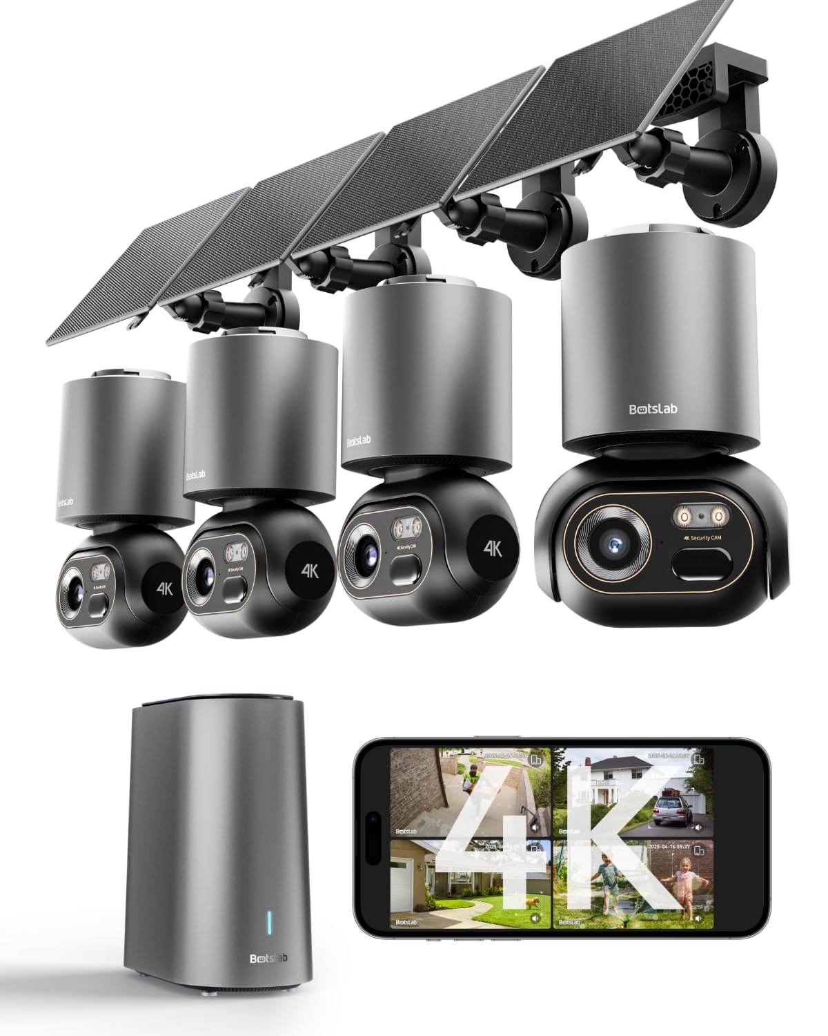BOTSLAB 4K Security Cameras Wireless Outdoor, 4 Cam-Kit, Solar Camera for Home Security with Full Color Night Vision, No Subscription,AI Recognition,32GB Local Storage Base Station,360° PT,2.4GHz WiFi