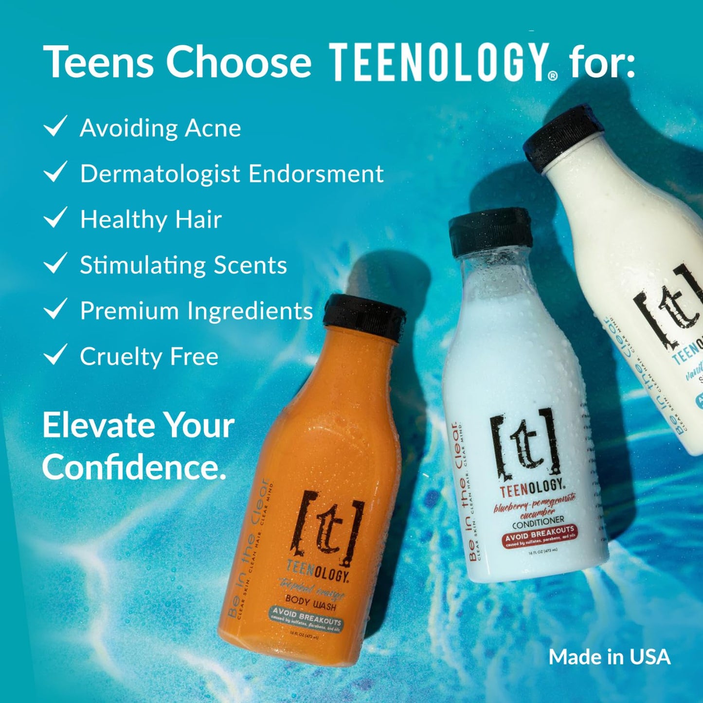 Teenology Shampoo for Teens - Avoid Forehead and Body Breakouts - No Sulfates or Parabens, Noncomedogenic, Natural Botanical Ext