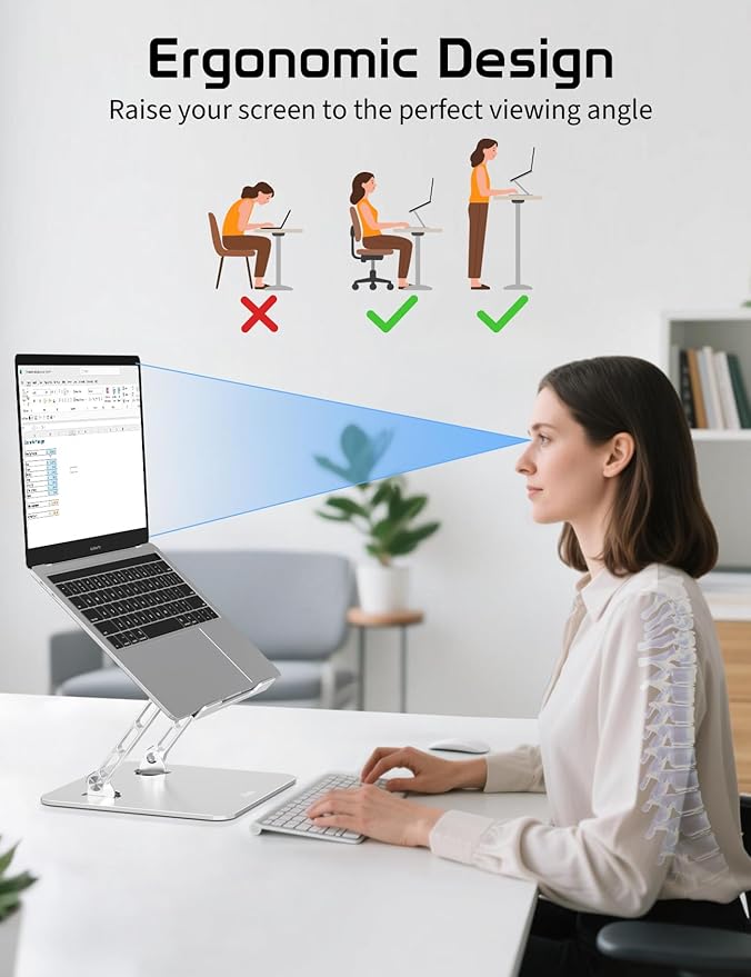 Axbima Aluminum Laptop Stand for Desk – Adjustable Ergonomic Laptop Riser, Foldable & Portable Holder Fit for MacBook & 10"-16" Laptops for Office, Home & Travel,Silver