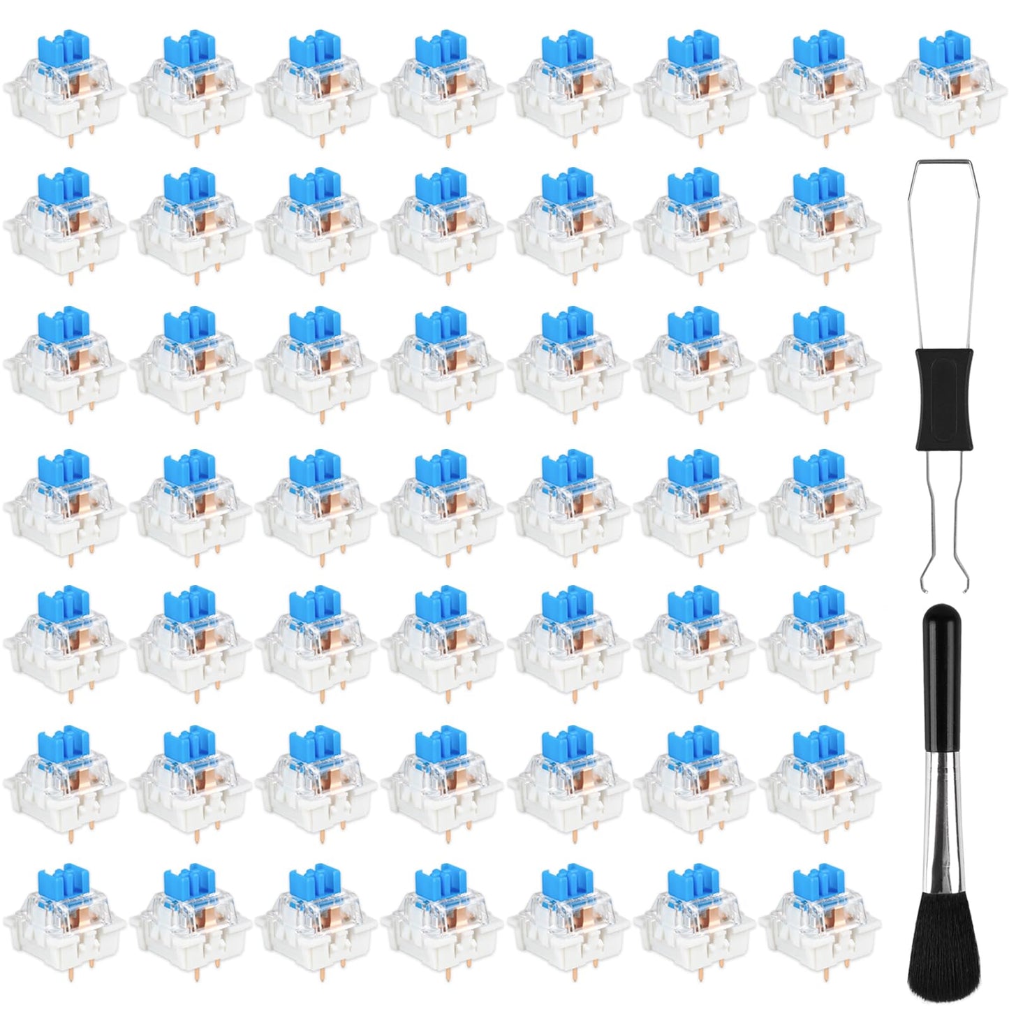 Deftomo 50 Pcs Blue Keyboard Switches, 3-Pin Clicky Tactile Mechanical Keyboard Switches, Complete DIY Replacement Kit with Switch Puller & Brush
