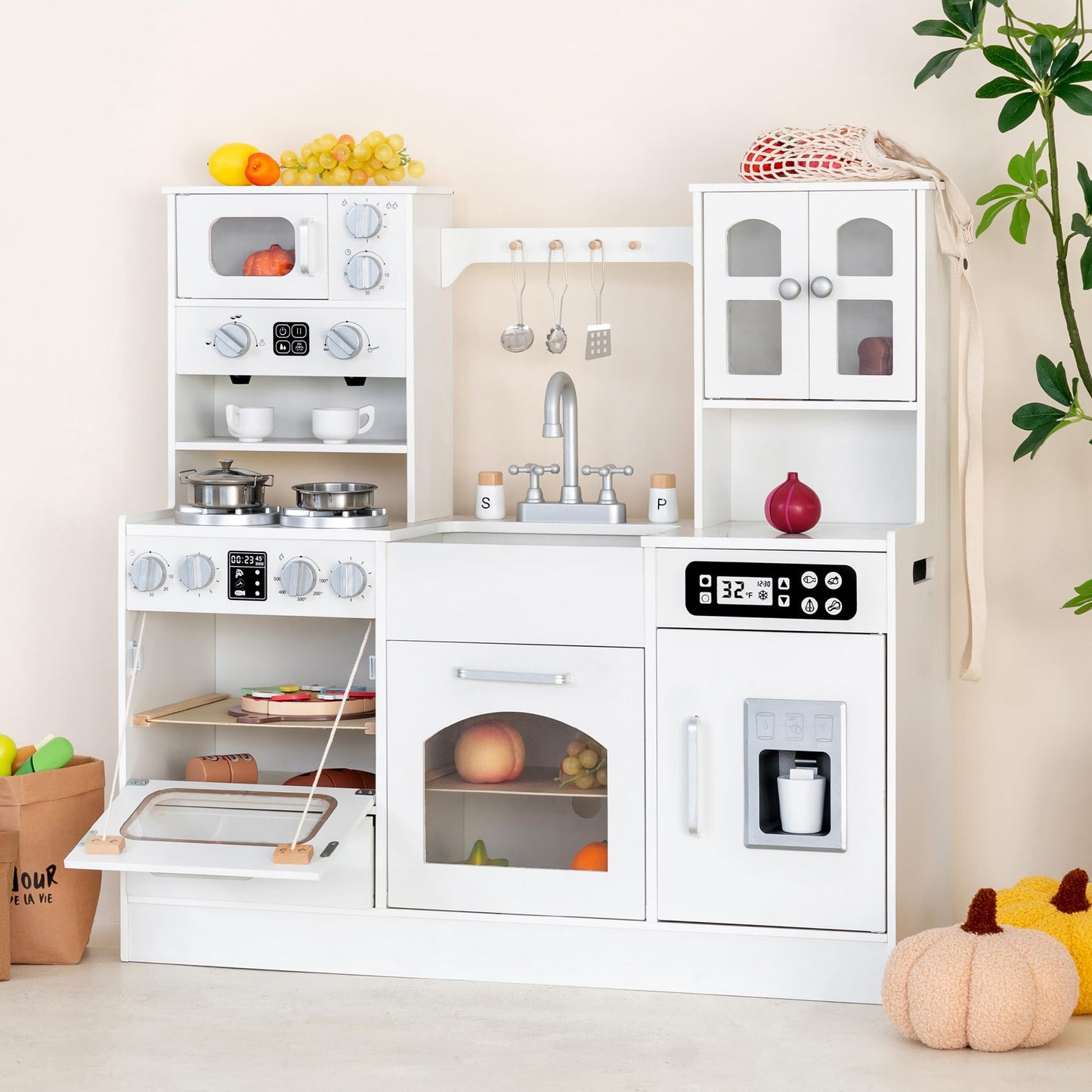 Wooden Play Kitchen for Toddlers and Kids with Lights & Sounds, Large Interactive Pretend Play Set with Ice Maker, Stove, Sink, Oven, 12 Accessories - Ages 3-8