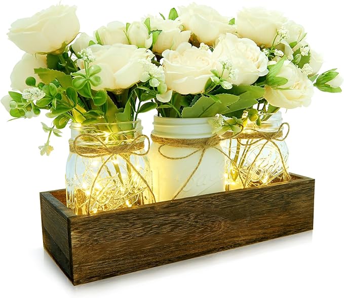 XXXFLOWER 3 Pcs Mason Jars Lights Fall Table Centerpieces - Christmas Gifts for Women Mom Wife,Indoor Decors for Farmhouse...