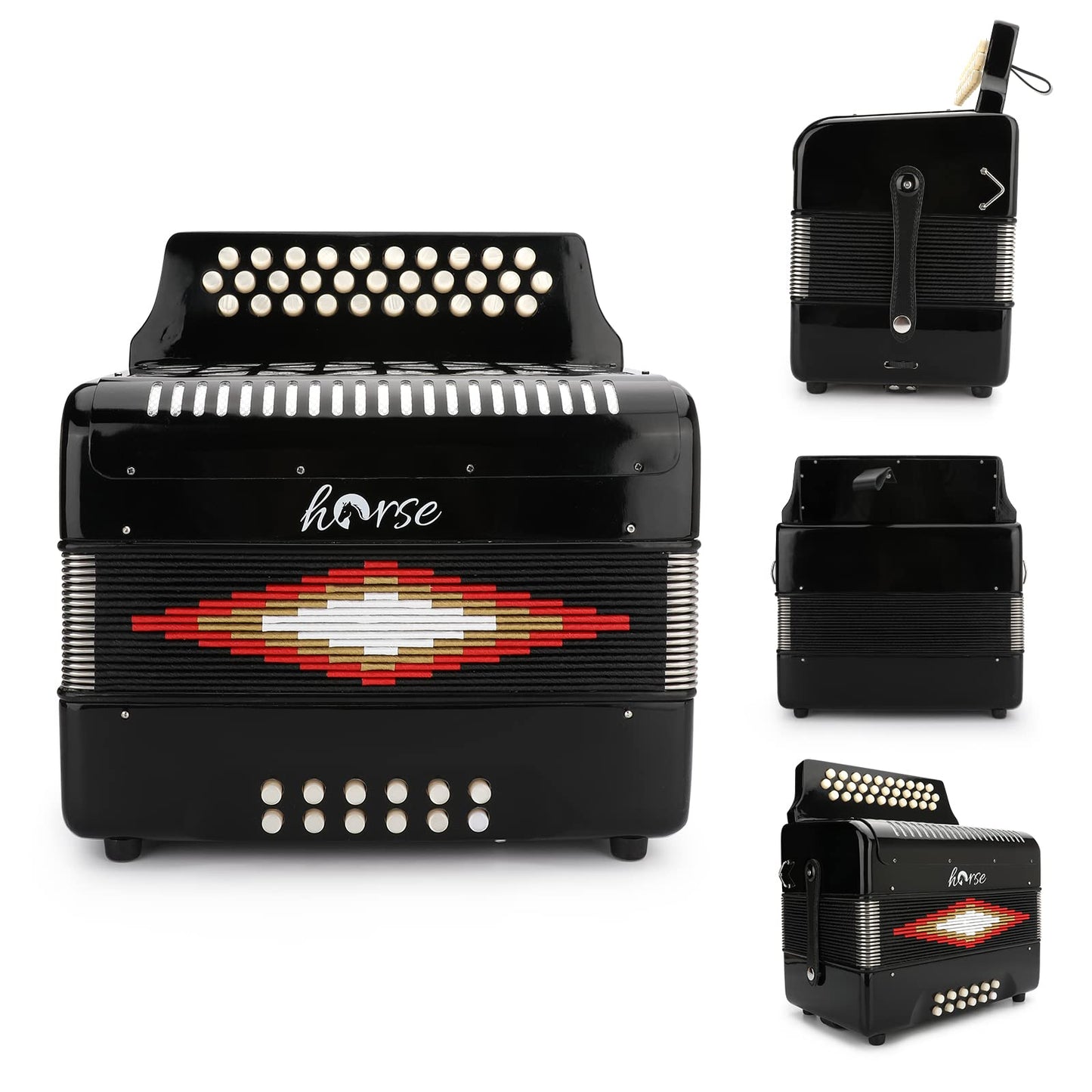 Horse 31 Key Accordion,12 Bass 3-Row F/B/E Diatonic Accordions Instruments For Adults With Thicked Suitcase And Straps, 31 Keys