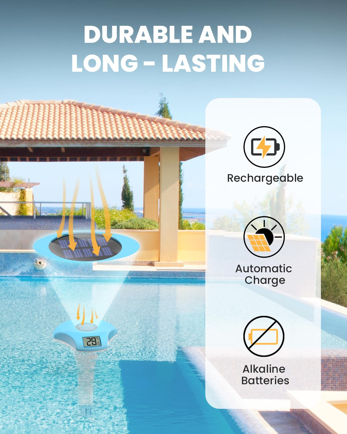 BALDR Floating Pool Thermometer, Solar Powered Pool Thermometer, Easy-to-Read/Use