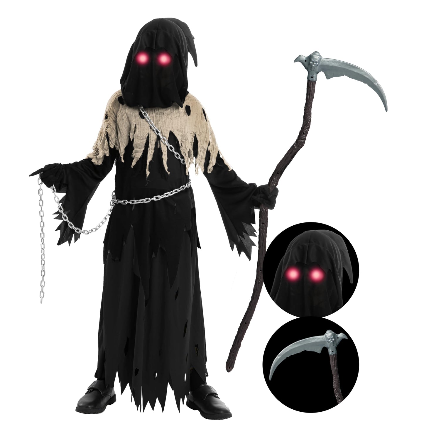 Spooktacular Creations Glowing Eyes Grim Reaper Costume for Kids, Halloween Costume for Boys, Halloween, Dress-up Party-Brown