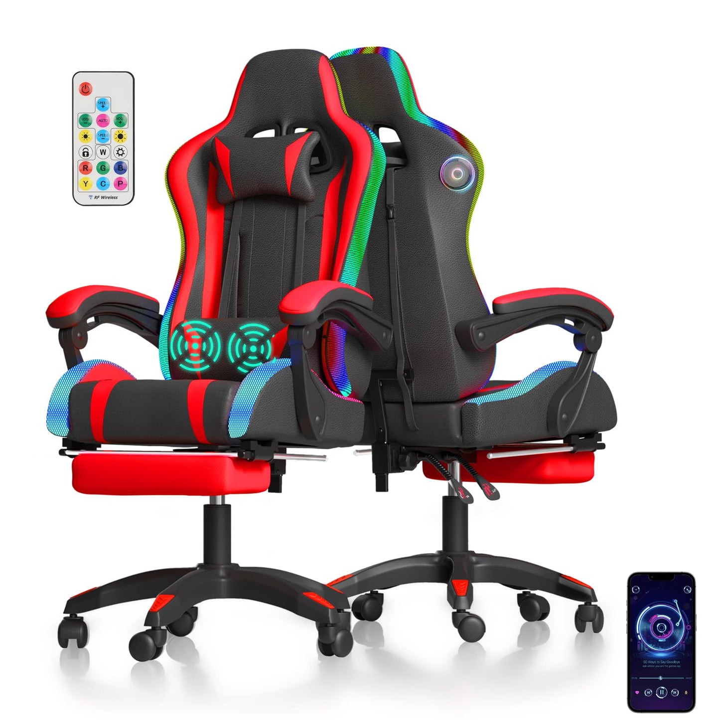 Gaming Chair with Speakers and Massage Computer Gaming Chair with LED RGB Lights and Footrest High Back Ergonomic Video Game Chair with Adjustable Lumbar Support for Adults Red and Black