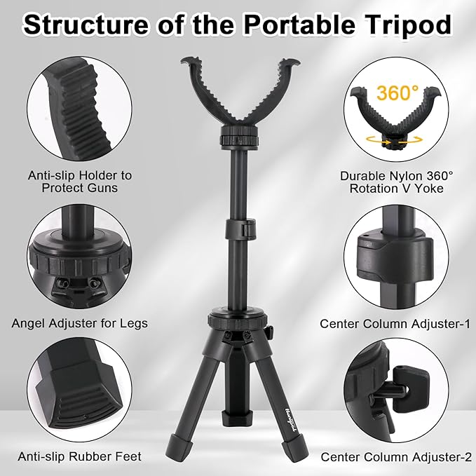HUNTPAL Gun Rest Rifle Stand Tripod Shooting Stick for Range Table Bench Shooting Practice, Portable Adjustable Compact Aluminum Construction Gun Holder with 360° Swivel V Yoke Head