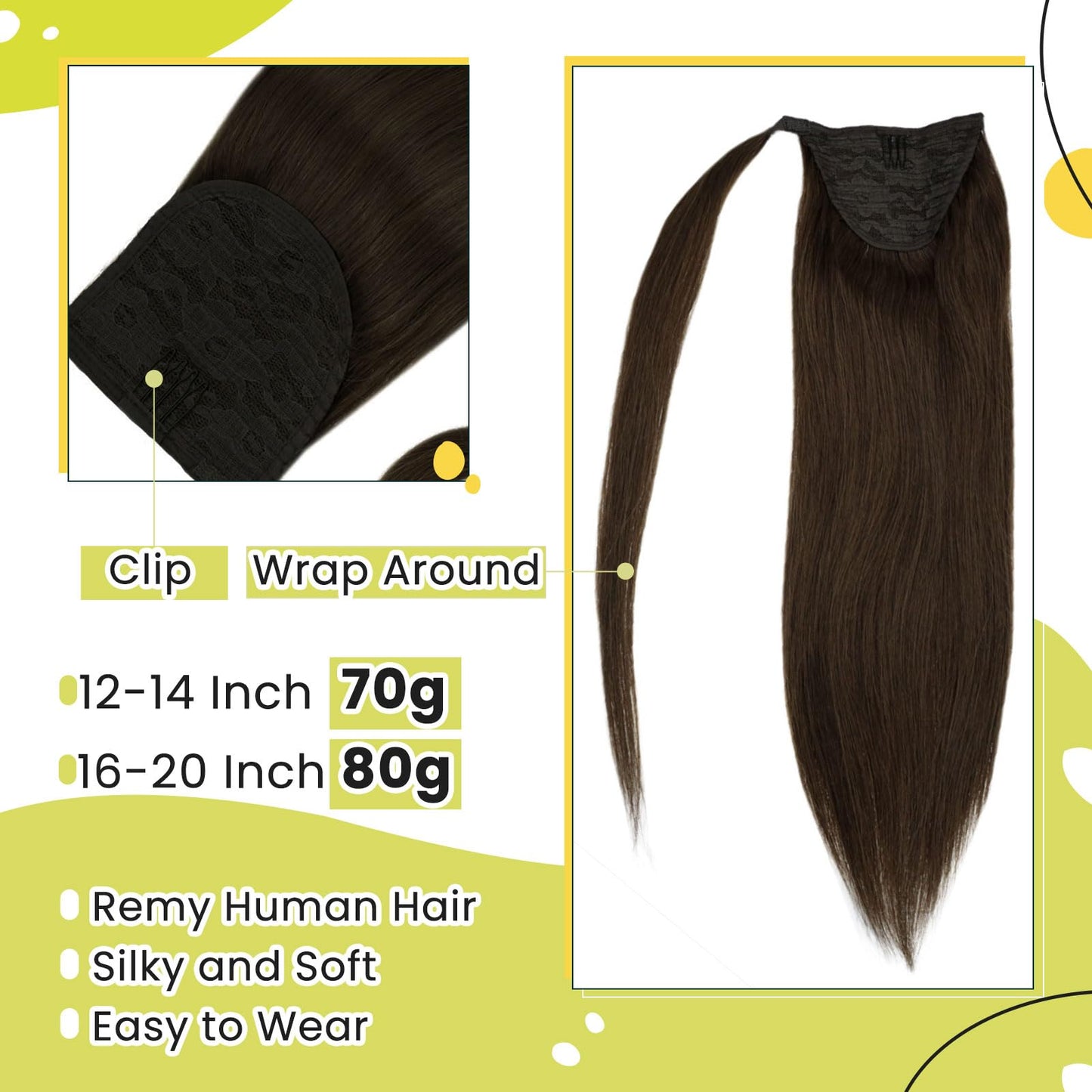 RUNATURE Human Hair Ponytail Brown Clip in Ponytail Extension Human Hair Wrap Around Real Hair Ponytail Extension with Magic Pas