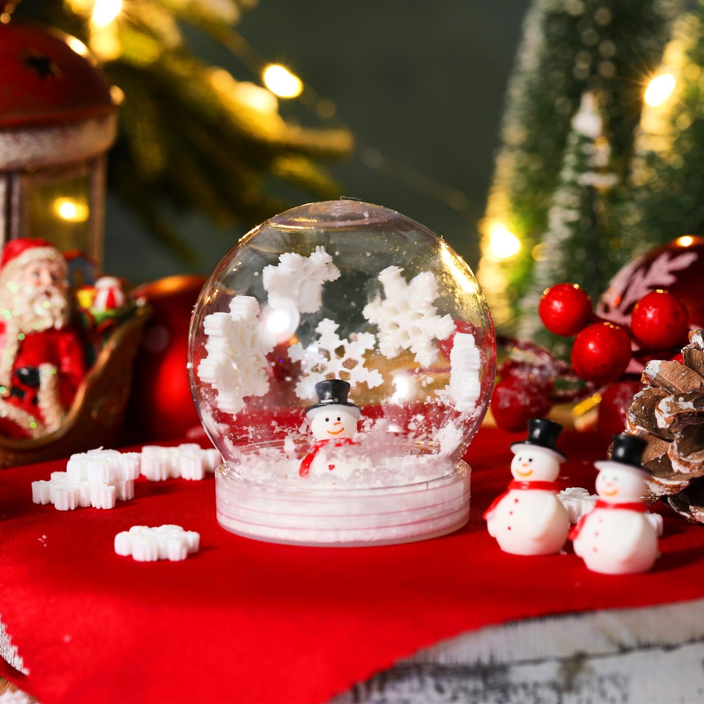 Cinnvoice 75 Pcs Winter Christmas Plastic Snow Globes Kit Includes 12 Snow Globe 12 Mini Snowman Figurines 50 Mini Resin Snowflakes and Artificial Snow for Xmas DIY Crafts Make Your Own Snow Globe