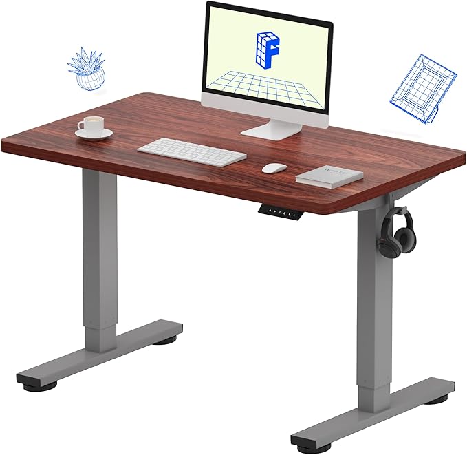 FLEXISPOT EN1 One-Piece Adjustable Stand Up Desk - Electric Height Adjustable, 40 x 24 Inches (Silver Frame, Mahogany Top, 2 Packages)