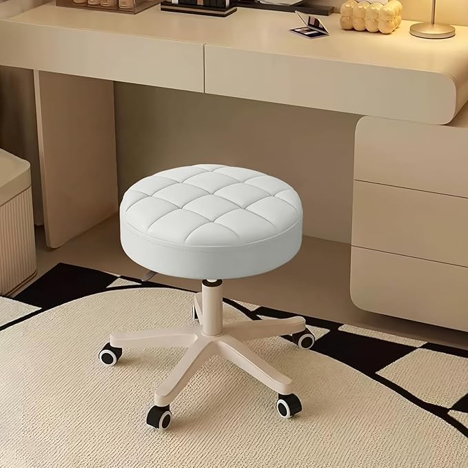 JPBSTO Small Rolling Stool with Wheels, PU Leather Height Adjustable Vanity Work Task Stool, 360 Swivel, Padded Seat Cushion,for Salon, Home, Office
