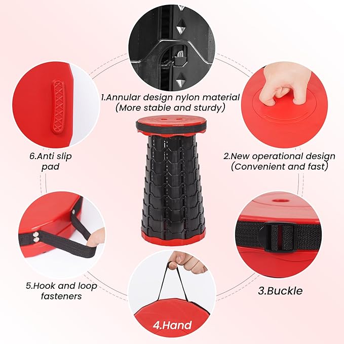 FXKS 2 Pack Portable Telescoping Stools Collapsible Stool with Cushion,Retractable Foldingstool Max Load Capacity 400lbs, Portable Collapsible Stools for Camping Hiking Outdoor BBQ Black-Red