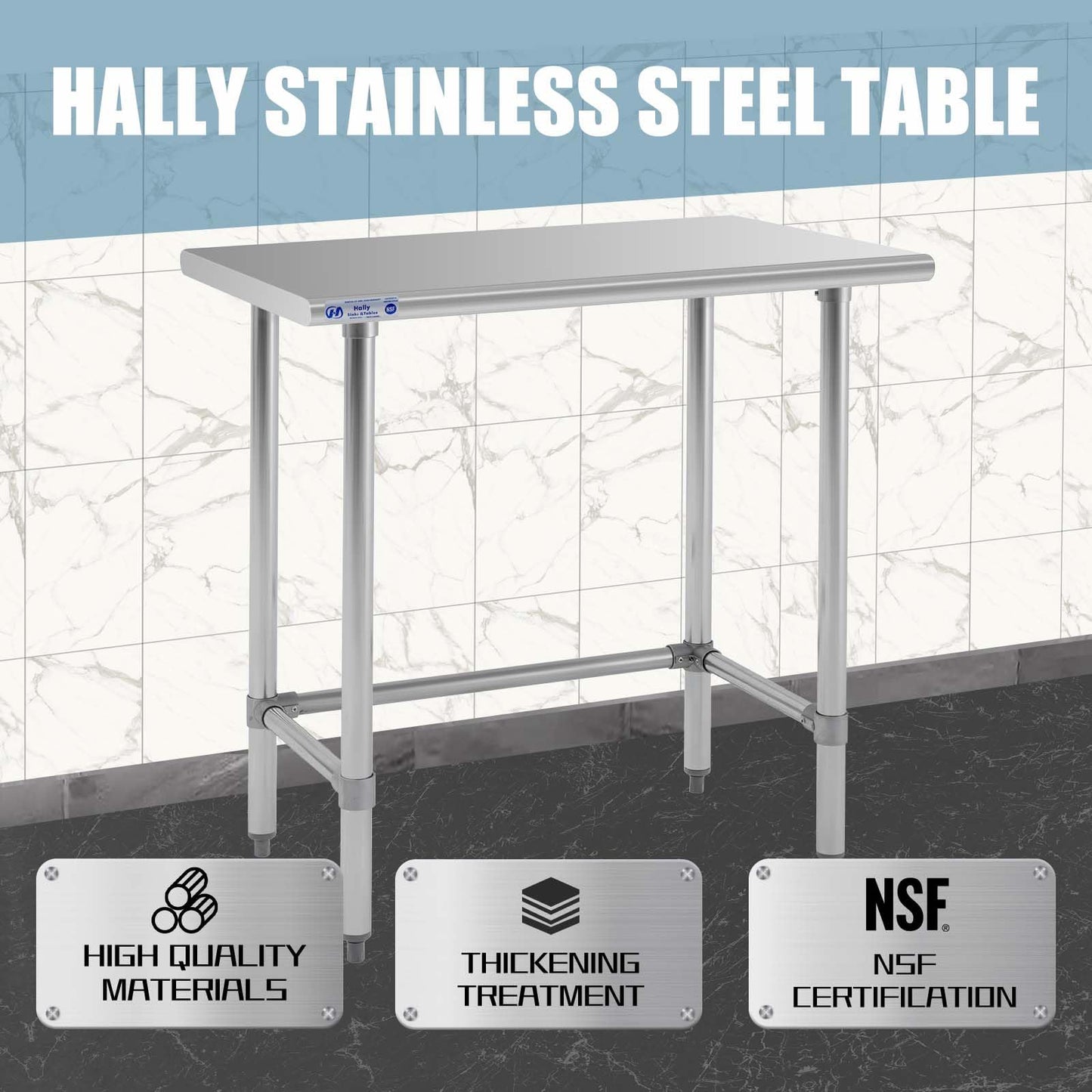 Hally Open Base Stainless Steel Table 24 x 36 Inches, NSF Commercial Heavy Duty Prep & Work Table with Galvanized Legs for Restaurant, Home and Hotel
