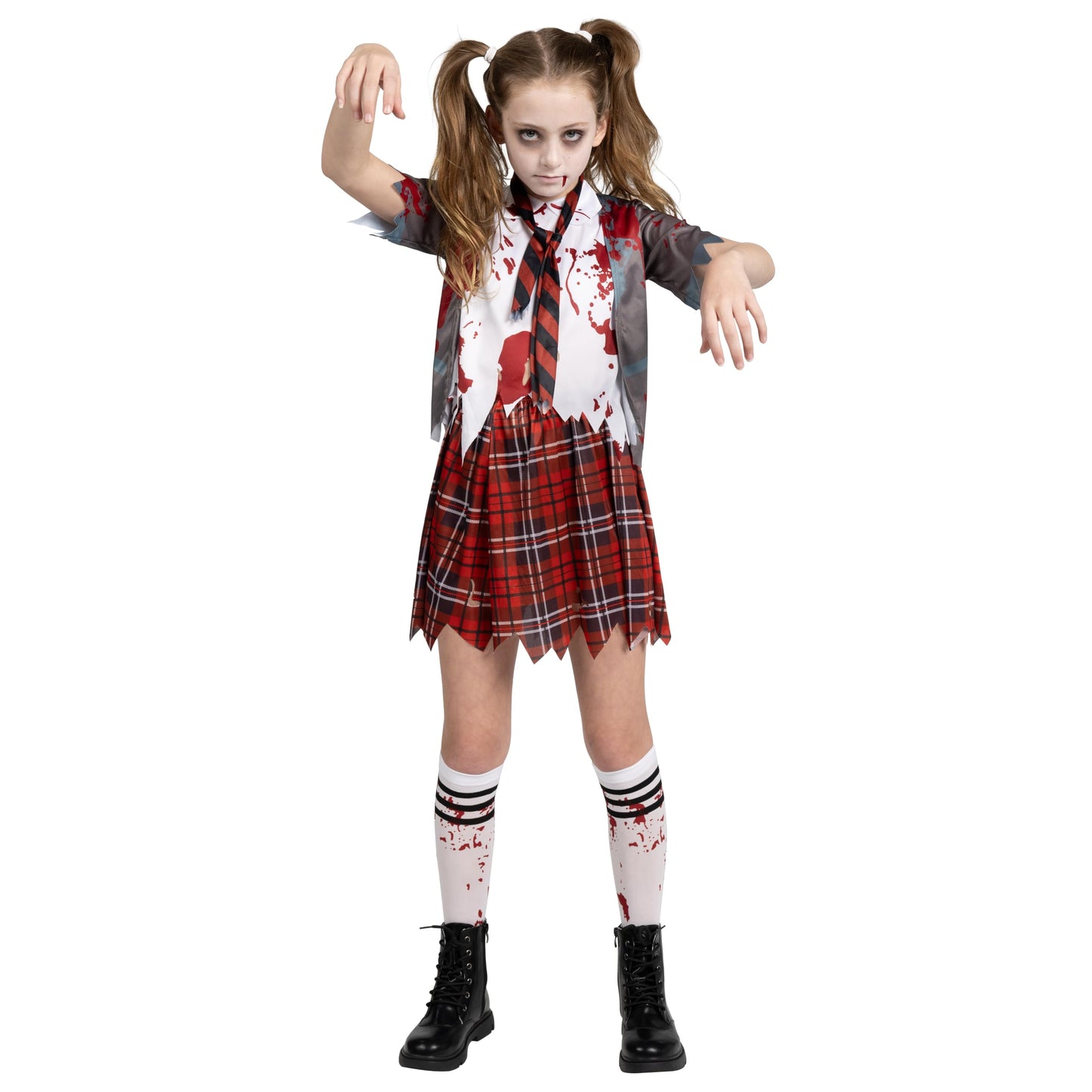 Spooktacular Creations Zombie Schoolgirl Costume, Halloween Girl Bloody Zombie Costume for Kids,Halloween, School, Event Party Dress Up (Gray, Medium(8-10 yrs))