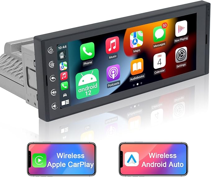 6.9 Inch Single Din Car Stereo with Wireless Apple CarPlay & Wireless Android Auto, Single Din Touchscreen Radio, Android ...