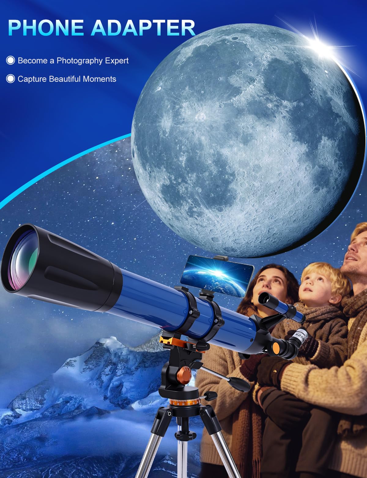 Uonol Telescope for Adults High Powered 90mm Aperture 800mm,Refractor Telescopes for Astronomy Beginners with AZ Mount Tripod,Phone Adapter,Carry Bag (80090blue)