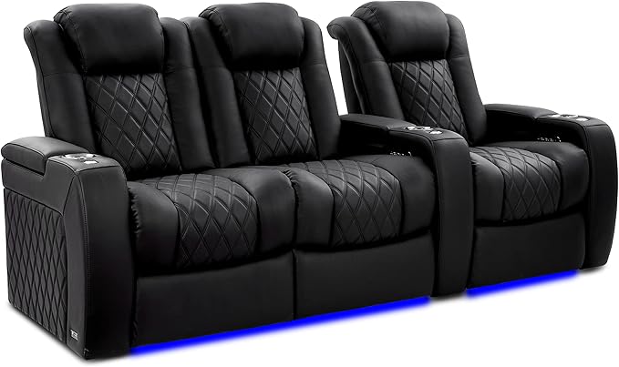 Valencia Tuscany Home Theater Seating Semi-Aniline Italian Nappa 20000 Leather Ultimate Luxury Heat & Ventilation Power Recliner Power Lumbar and Headrest (Row of 3 Loveseat Left, Onyx)