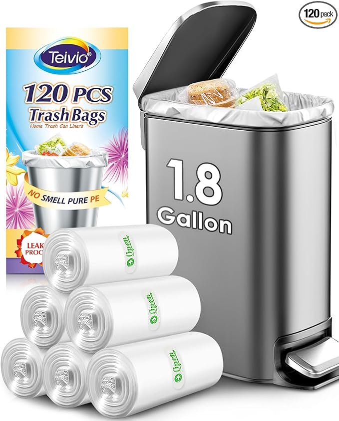 Teivio 1.8 Gallon 120 Counts Strong Trash Bags Garbage Bags, Bathroom Trash Can Bin Liners, Small Plastic Bags for home office kitchen, Clear