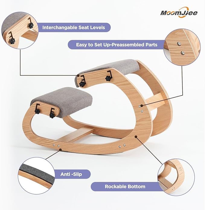 MoomJiee Ergonomic Kneeling Chair,Adjustable Rocking Knee Chair for Home Office,Wooden Office Chair for Back Pain Relief, Grey
