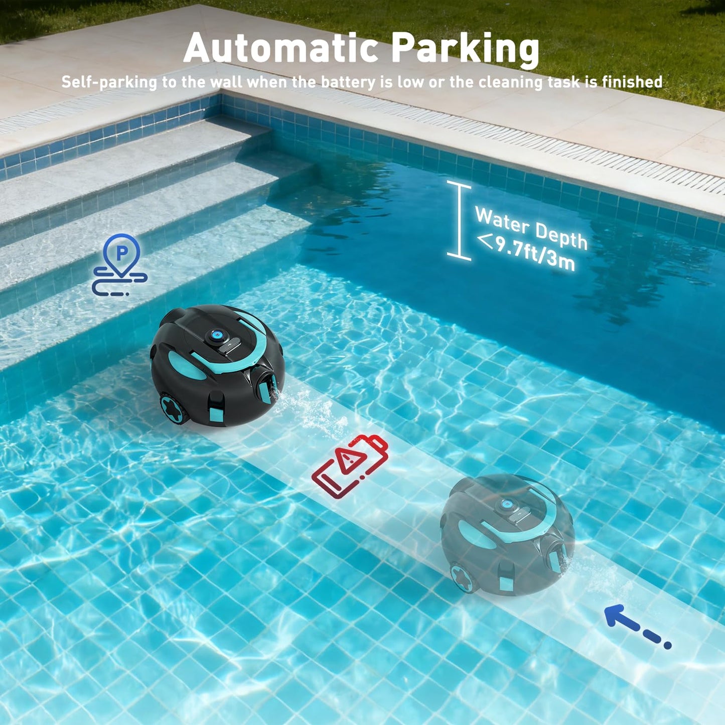 KKI Robotic Pool Cleaner, Cordless Pool Robot Vacuum, 130 Mins Runtime,Self-Parking, Lightweight for Inground & Above Ground Pools,Self-Parking,Up to 65ft/1100 Sq.Ft