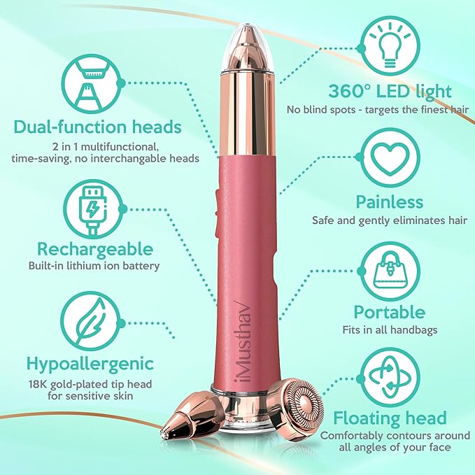 2 in 1 Eyebrow and Facial Hair Remover for Women Painless Electric Razor Epilator Trimmer Shaver with 18K Gold-Plated, USB Rechargeable, 360° LED for Flawless Eyebrow and Face Hair Removal