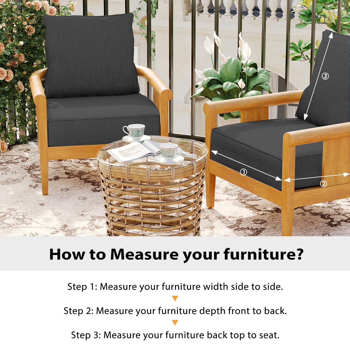 Sundale Outdoor Olefin Deep Seat Cushion Set of 2, Patio Chair Cushion and Pillow, Water-Resistant Sectional Sofa Pad with Straps Dark Gray, 23 x 26 x 6 Inches