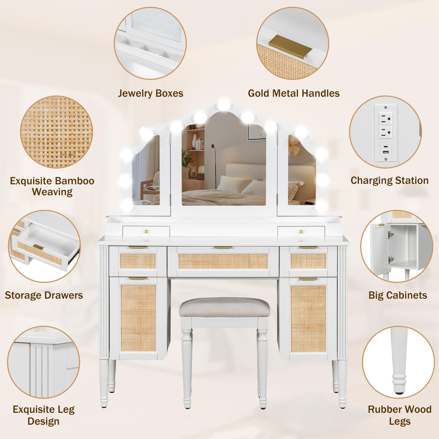 Merax 44.37 inch Makeup Vanity Desk with 13 Hollywood Bulbs & Tri-Fold Mirror, Dressing Table with 5 Drawers, Shelves, Charging Station (2 AC Outlets + USB + Type-C), 3 Lighting Modes, White