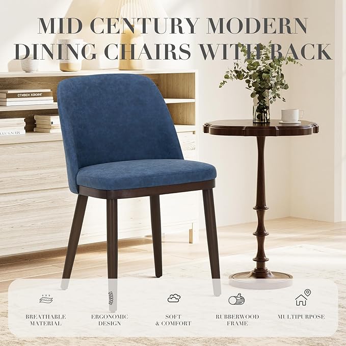 COLAMY Upholstered Dining Chairs Set of 2, Modern Kitchen Chairs with Back, Leather Side Dining Room Chairs with Wood Legs for Kitchen Dining Room Restaurant,Blue