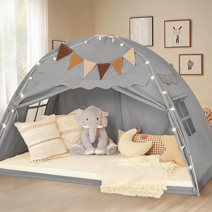 Twin Size Bed Tent Canopy, Kids Play Tent with Flags & Star Lights, Canopy on Bed Privacy Space Sleeping Blackout Tents, G...