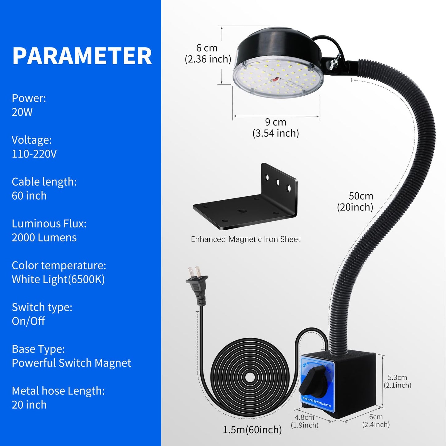WangJiaTai Magnetic Work Light, LED Machine Light, Work Light with Flexible & Magnetic Base, Shop Tool Lamp for Lathe, Work Bench, Sewing Machine, Bandsaw, Industrial Lighting, 2000 Lumens, Black