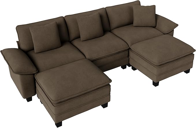 PHI VILLA Cloud Modular Couch Sets, 123.6" Sectional Sofa with U-Shaped Chaise, 5-Seater Couches with 2 Movable Ottomans for Living Room, Chenille Fabric, Taupe