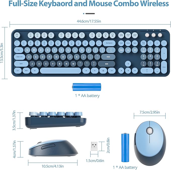 Wireless Keyboard and Mouse Set, Retro Typewriter, 2.4GHz Full Size 104-Key Cute Keyboard with Number Pad, Colorful with Round Keycaps for Windows PC Laptop(Sea Blue)