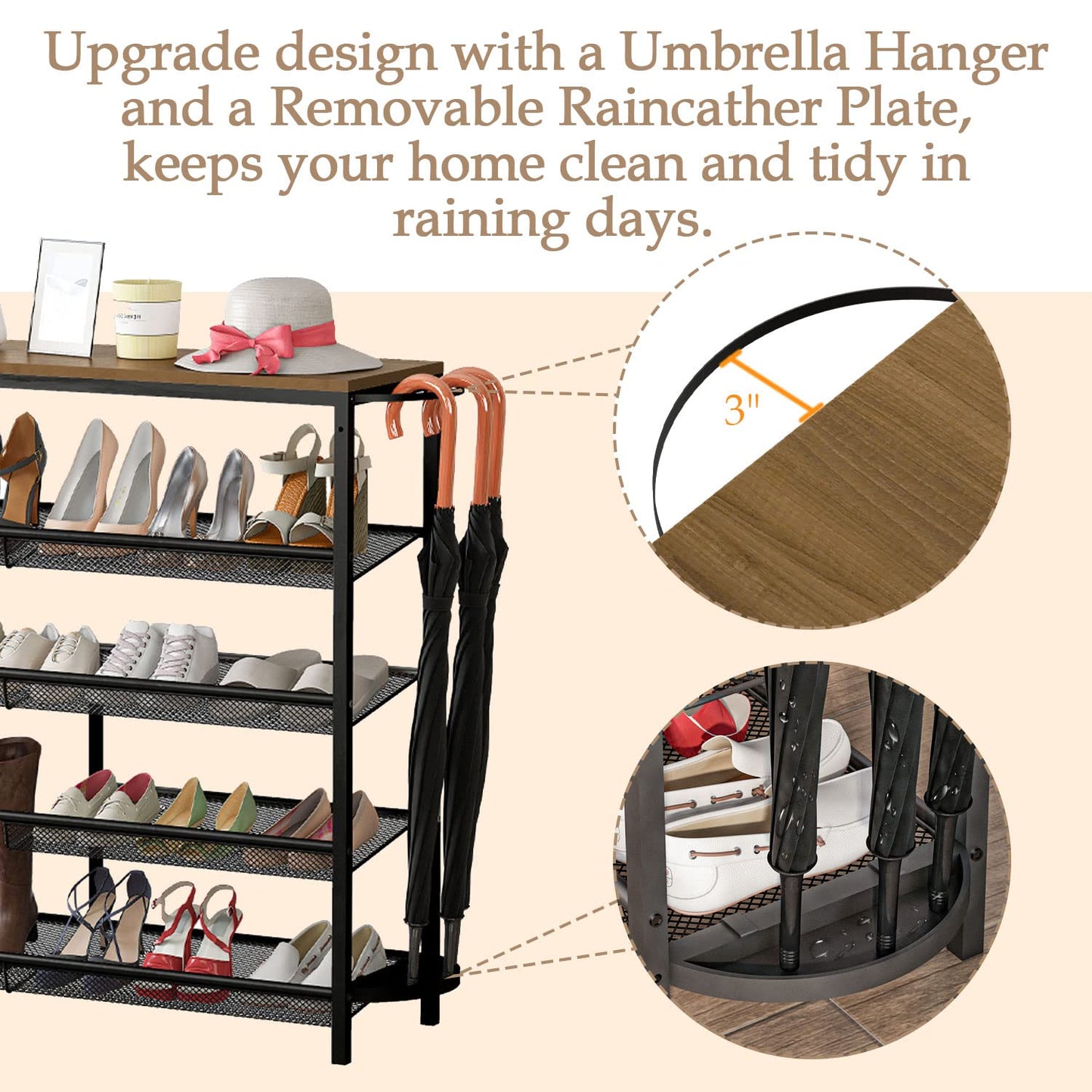 Bonzy Home 5-Tier Shoe Rack for Entryway, Shoe Shelves for 21 Pairs, Flat & Slant Adjustable Shoe Storage Organizer for Entryway with Wood Top, Side Pockets, Umbrella Holder, Metal Mesh
